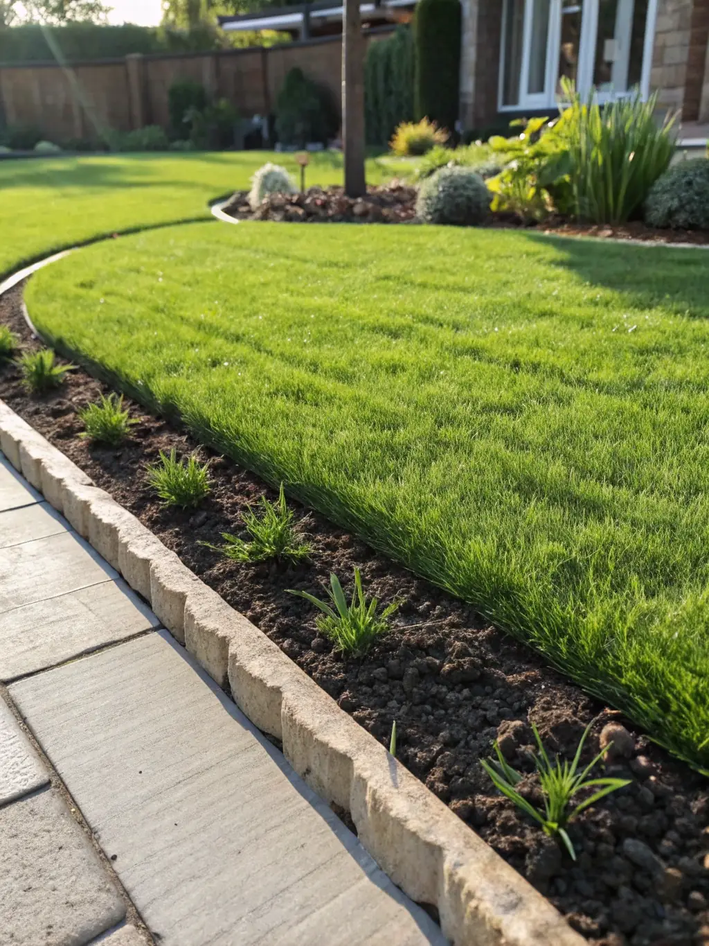 A well-manicured lawn with perfectly straight mowing lines, showcasing the precision and care taken in Top of the Lawn's mowing service.