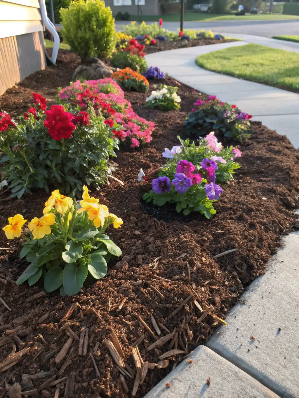 A newly installed flower bed with vibrant, healthy plants, showcasing the beauty and quality of Top of the Lawn's plant installation services.
