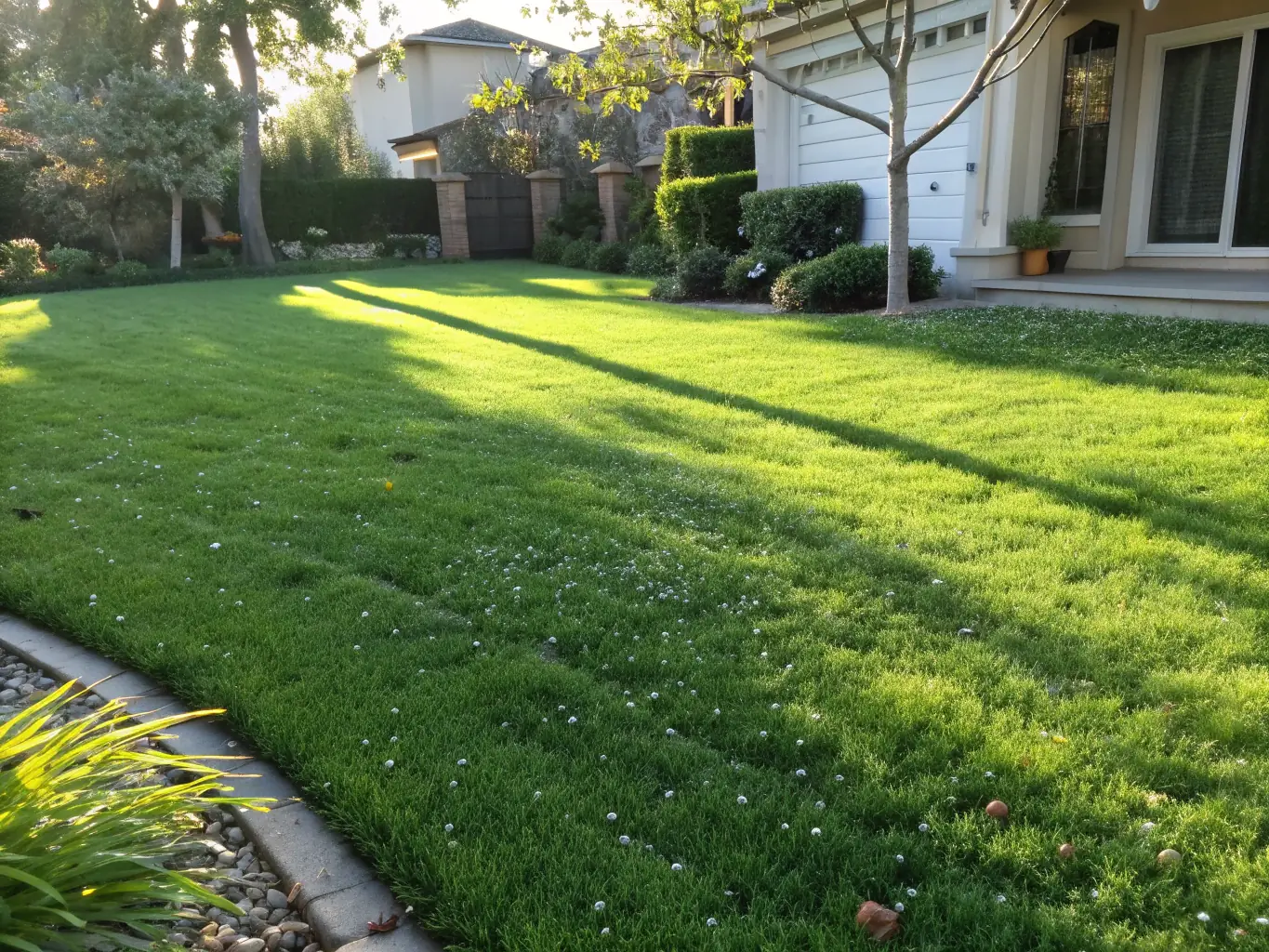 A lush green lawn with even coverage of fertilizer and no visible weeds, demonstrating the effectiveness of fertilization and weed control services.