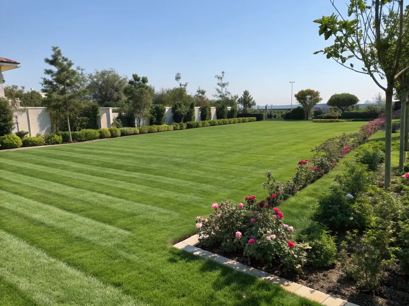 A vibrant, green lawn with perfectly manicured edges, showcasing the results of Top of the Lawn's expert mowing and edging services. The image should convey a sense of pride and satisfaction in a well-maintained yard.