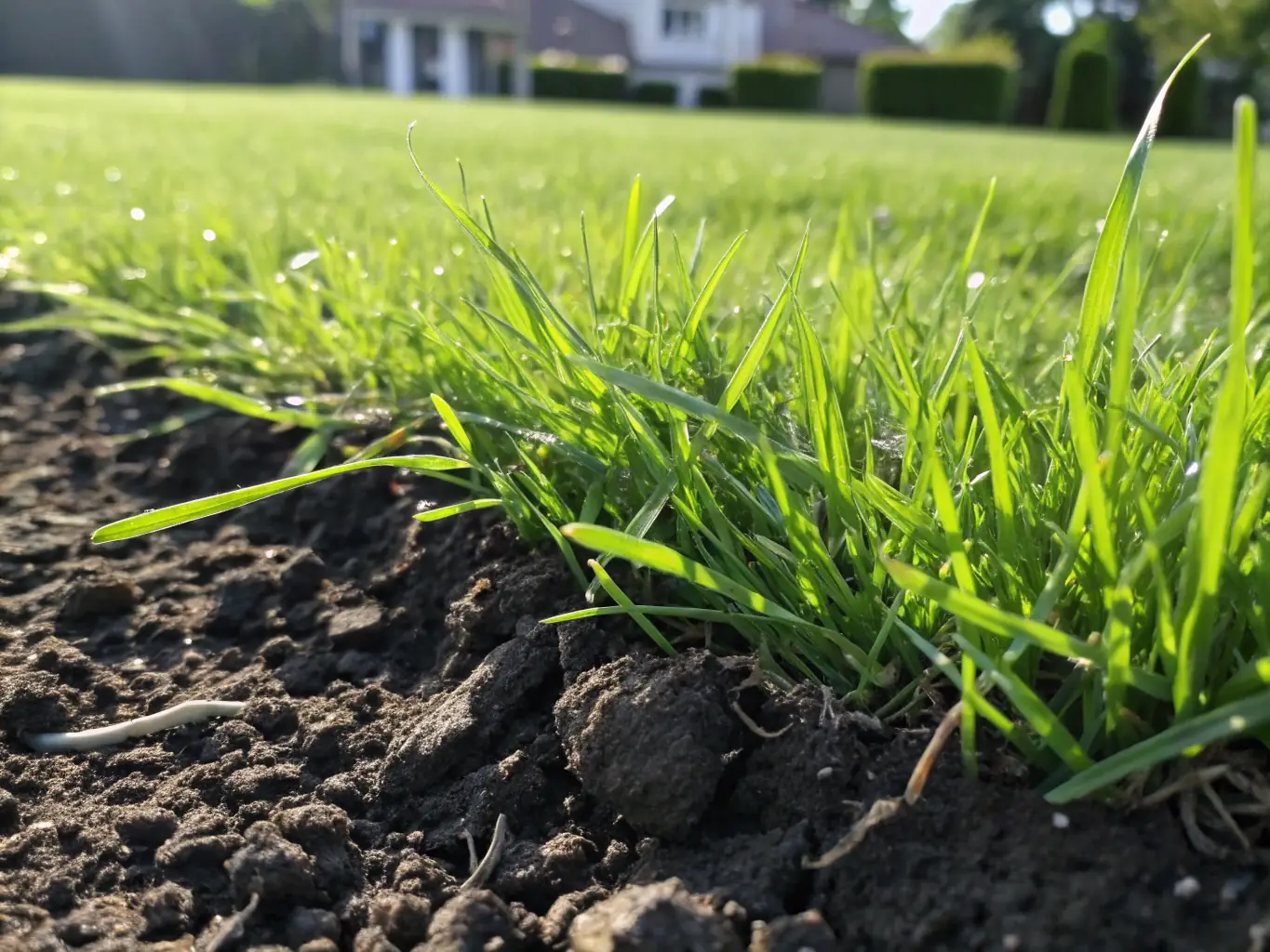 A close-up shot of healthy, green grass, free from weeds, demonstrating the effectiveness of Top of the Lawn's fertilization and weed control programs. The image should highlight the lushness and vibrancy of the treated lawn.