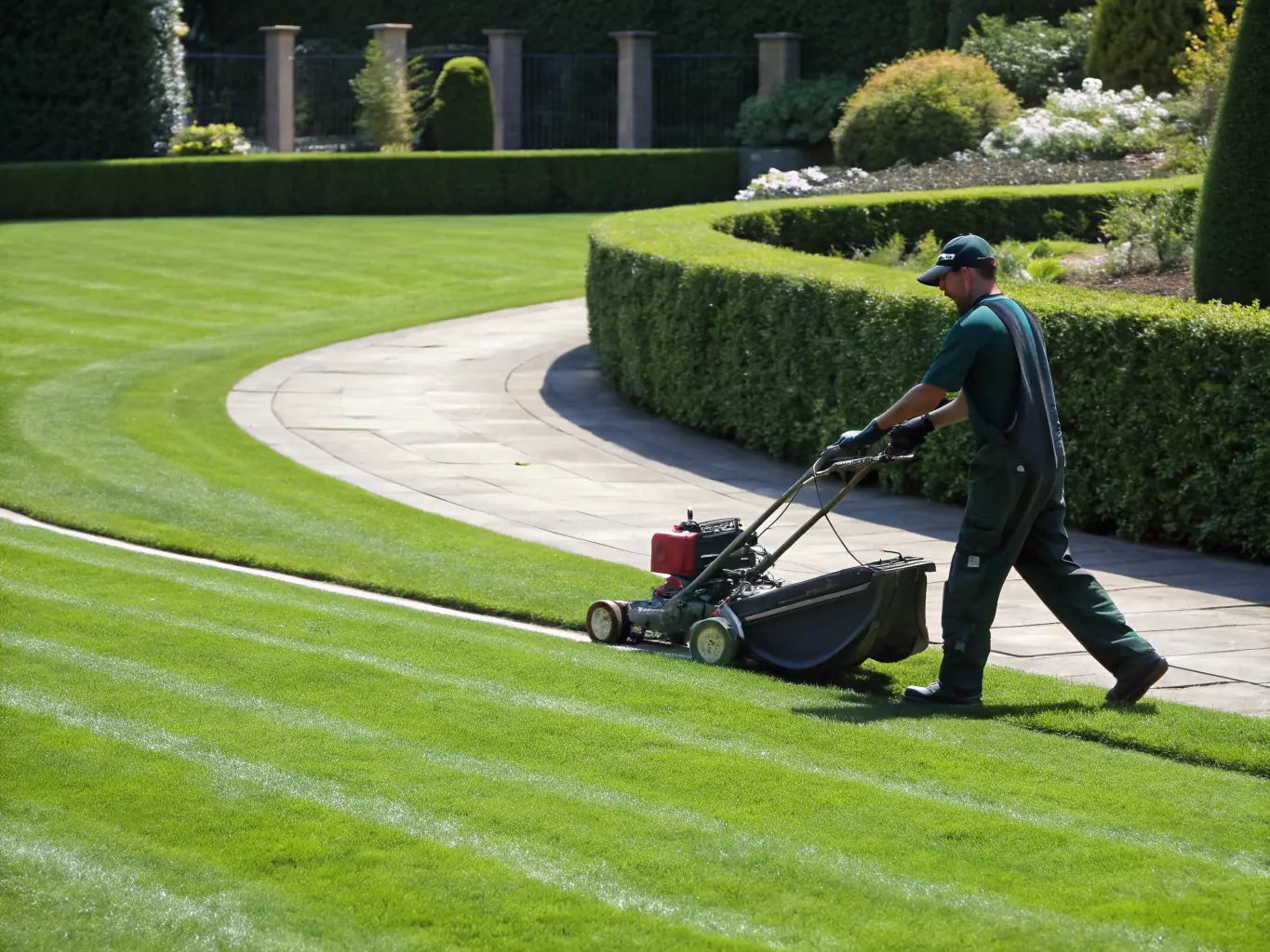 A well-manicured lawn with distinct mowing patterns and clean edging, showcasing the precision and care taken in lawn mowing and edging services.