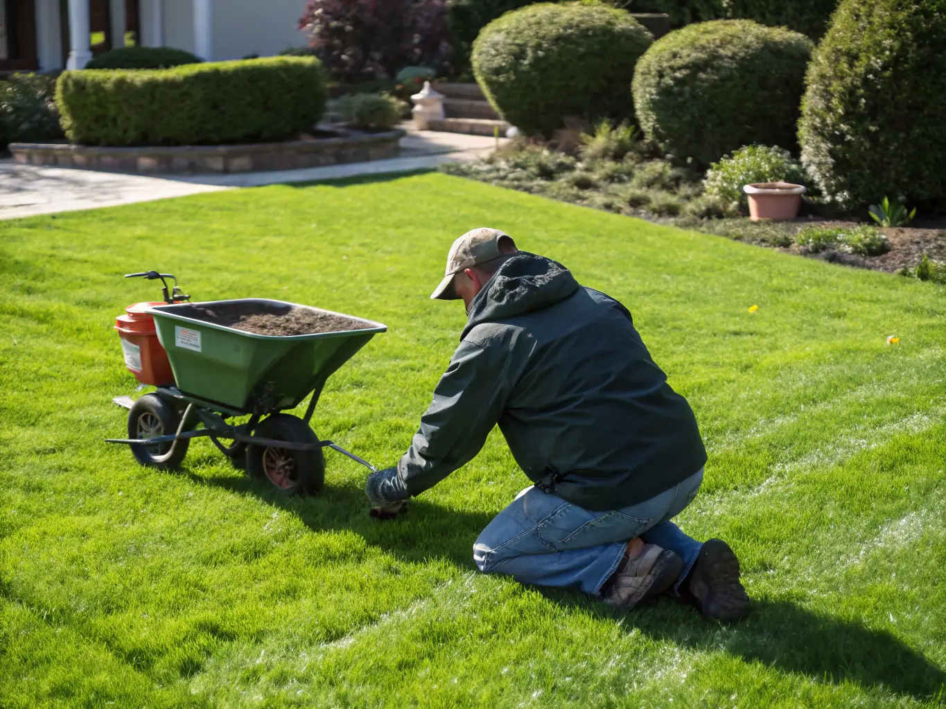 A lush green lawn being fertilized, highlighting the even distribution of fertilizer granules by Top of the Lawn's expert technicians.